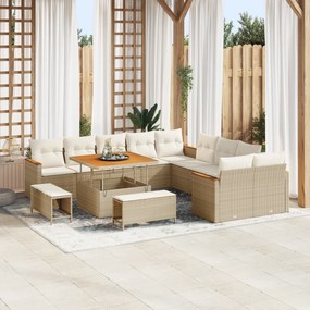 Conjunto de Sofá de Jardim vidaXL de 13 Peças com Almofadas Bege Poli Rattan Acácia