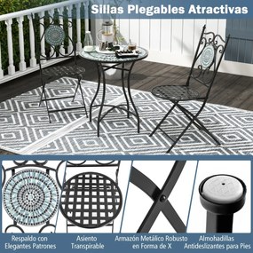 Conjunto Bistro Mesa redonda e 2 cadeiras dobráveis com padrão de mosaico Estrutura metálica robusta para utilização no interior e no exterior Cinzent