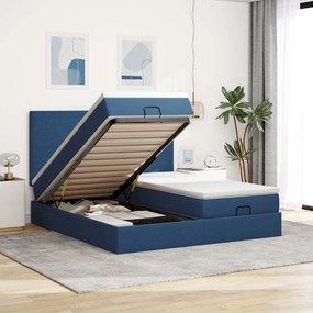 Estrutura de cama otomana com colchões 200x200cm tecido azul