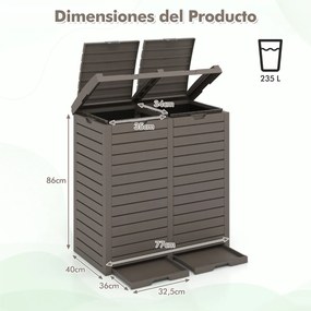 Caixote do lixo exterior 118 L x 2 com tampa dupla impermeável Alça para jardim Pátio Terraço Cozinha Castanho
