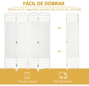 Biombo de 4 Painéis Dobrável Separador de Ambientes de Corda de Papel e Estrutura de Madeira 60x170 cm Branco