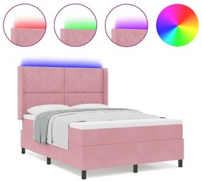 Cama Box Spring com Colchão &amp; LED Rosa 140x190 cm Veludo