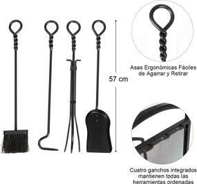 Estante para lenha com 4 ferramentas: pinça, escova, pá e atiçador para lareira 43,5 x 39,5 x 69,5 cm
