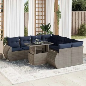 9 pcs conjunto sofás jardim almofadões vime PE/acácia cinzento