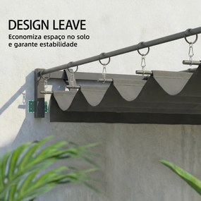 Pérgola de Parede para Jardim 3x3 m com Teto Retrátil Proteção UPF30+ Drenagem Pérgola de Jardim para Exterior Cinzento