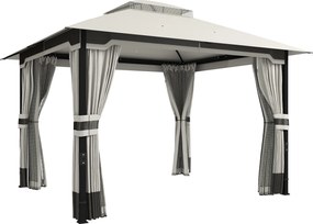 Pérgola de Jardim 360x300x279 cm com Duplo Teto 4 Paredes Laterais e Rede Mosquiteira Estrutura Metálica Cinza Claro