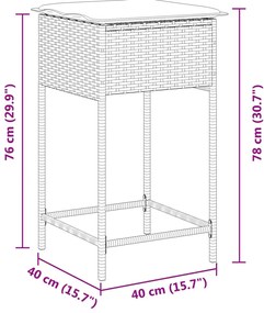 Bancos de bar p/ jardim com almofadões 2pcs vime PE cinza-claro