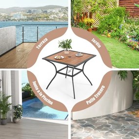 Mesa de jantar de jardim para 4 pessoas quadrada com orifício ajustável para guarda-sol e tampo de imitação madeira
