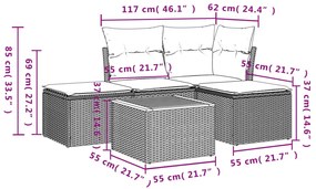 5 pcs conj. sofás jardim c/ almofadões vime PE bege misturado