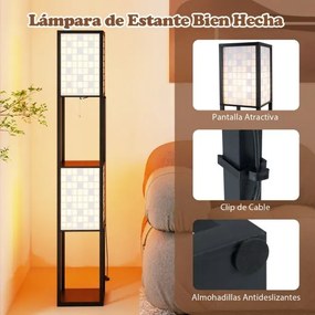 Candeeiro de pé 26 x 26 x 156 cm com 2 luzes e prateleiras de madeira com 2 abajures com padrões recortados Luz independente com puxador preto