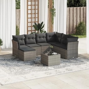 8 pcs conjunto sofás de jardim c/ almofadões vime PE cinzento