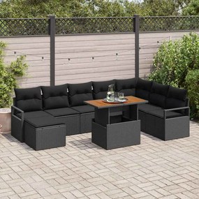Conjunto de Sofás para Jardim vidaXL 9 Peças com Almofadas Preto Rattan Poliéster Acácia