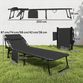 Conjunto de 2 Espreguiçadeiras Jardim Dobráveis com Apoio de Cabeça e Encosto Reclinável em 5 Posições 200x57x38 cm Preto