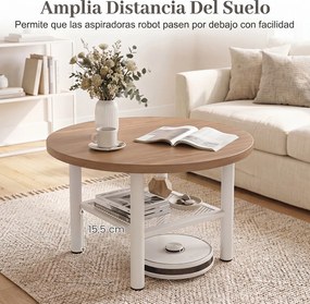Mesa de Centro Redonda, 60 x 60 x 42 cm, 2 Níveis de Arrumação, Natural+Branco