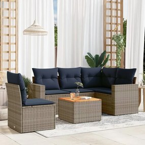 6 pcs conjunto sofás p/ jardim c/ almofadões vime PE cinzento