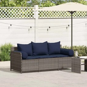 vidaXL Sofá de jardim de 3 lugares com almofadões vime PE cinzento