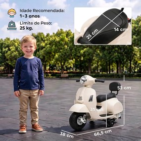 Mota Elétrica Infantil 6V para crianças 18-36 meses Mini Vespa GTS com 2 Rodas Auxiliares, Bateria de Lítio, Farol, Buzina e Encosto, Branco