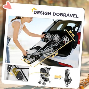 Carrinho de Passeio para Animais de Estimação Dobrável com Cesta de Armazenamento e Travão 77x44x102 cm Cinza