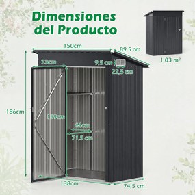 Abrigo Metálico para Ferramentas de Exterior, 150 x 89,5 x 186 cm, Duas Prateleiras Ajustáveis, cinzento-escuro
