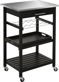 HOMCOM Carrinho de Serviço para Cozinha com Prateleira e Suporte para Garrafas 60x40x85 cm Tampo em Aço Inox. Preto | Aosom Portugal