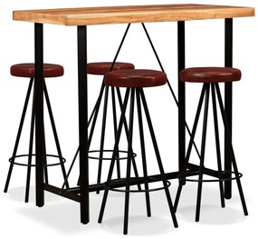 vidaXL Conjunto de bar 5 pcs madeira acácia maciça e couro genuíno