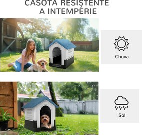 Casa para Cães Mini de Exterior em Plástico com 3 Janelas Base Elevada Telhado Inclinado 64,5x57x66 cm Azul