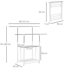 Cabideiro Dobrável para Roupa com Rodas Barras para Pendurar Extensíveis Altura Ajustável e 2 Prateleiras 88-157x50x95-160cm Branco
