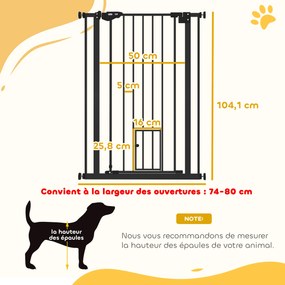 Barreira de segurança para animais com 104 cm de altura com porta para gatos, fecho automático e sistema de dupla travagem, ajustável de 74 a 80 cm, e