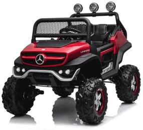 Jipe elétrico para crianças Mercedes-Benz Unimog bateria 12v, 4x4 2 Lugares pneus em borracha, assento em pele artificial Vermelho