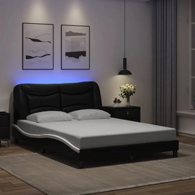 Estrutura cama c/ luzes LED 140x200cm couro artif. preto/branco