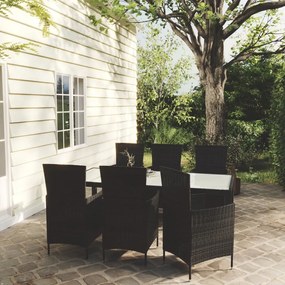 vidaXL 7 pcs conjunto jantar exterior com almofadões vime PE preto