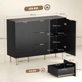 Aparador de sala ou cozinha com 3 gavetas 120 x 40 x 90 cm, prateleiras ajustáveis, armários com portas caneladas, preto
