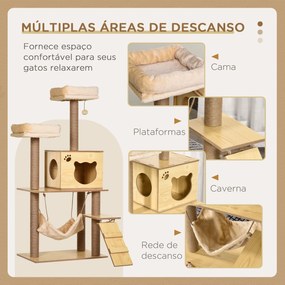 Arranhador para Gatos com Poste de Arranhar de Juta 2 Camas Rede Caverna Bola Suspensa Rede e Rampa 60x40x130 cm Madeira