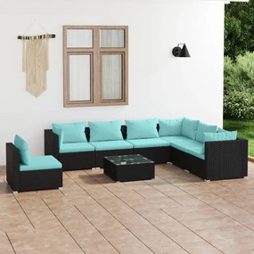 vidaXL 8 pcs conjunto lounge de jardim c/ almofadões vime PE preto