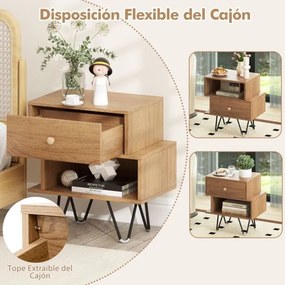 Conjunto de 2 mesas de cabeceira ou Mesas de apoio moderna com gaveta extraível e compartimento aberto natural