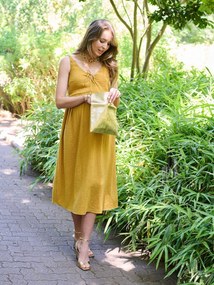 Vestido comprido gravidez e amamentação ocre