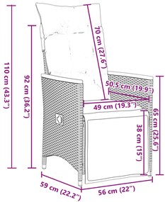 7 pcs conjunto bistrô de jardim c/ almofadões vime PE cinza