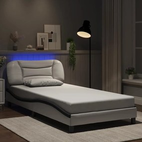 Estrutura cama c/ luzes LED 100x200cm couro artif. branco/preto