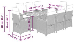 9 pcs conjunto de jantar p/ jardim c/ almofadões vime PE cinza