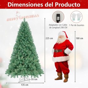 Árvore de Natal pré-iluminada de 225 cm artificial com 1300 pontas de ramos 550 luzes LED brancas quentes 8 modos Suporte verde