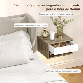 Conjunto de 2 Mesas de Cabeceira Flutuantes com Luzes LED RGB Controlo por APP e Prateleira Aberta 37x32x21 cm Madeira e Branco