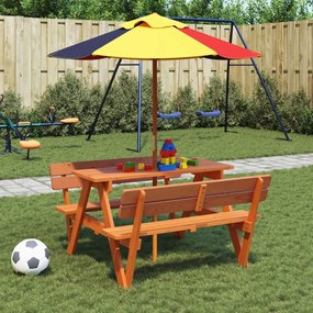 vidaXL Mesa de piquenique para 4 crianças com guarda-sol abeto maciço