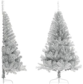 Meia árvore de Natal artificial com suporte 180 cm PET prateado