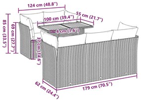 6 pcs conjunto sofás de jardim com almofadões vime cinzento