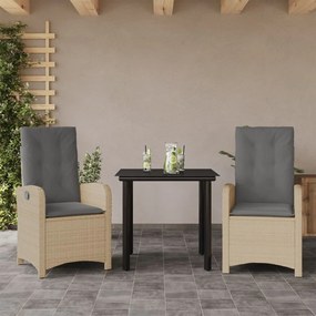 vidaXL 3 pcs conj. jantar jardim c/ almofadões vime PE bege misturado
