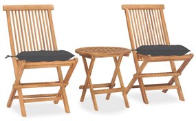 vidaXL 3 pcs conj. jantar dobrável exterior c/ almofadão teca maciça