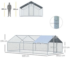 Galinheiro de Exterior Grande 3.03x6x1,95cm Gaiola de Metal Galvanizado para Galinhas Coelhos Aves com Fechadura Prata