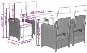 5 pcs conjunto de jantar p/ jardim c/ almofadões vime PE cinza