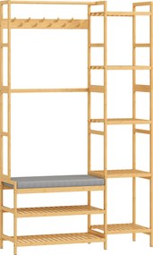 HOMCOM Cabide de pé com prateleira para sapatos, ganchos para roupas, cabide para casacos, banco com almofada, para corredor, entrada, madeira natural | Aosom Portugal