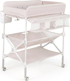 Mesa para trocar fraldas portátil dobrável com rodas impermeável altura ajustável e caixote do lixo para bebés rosa claro